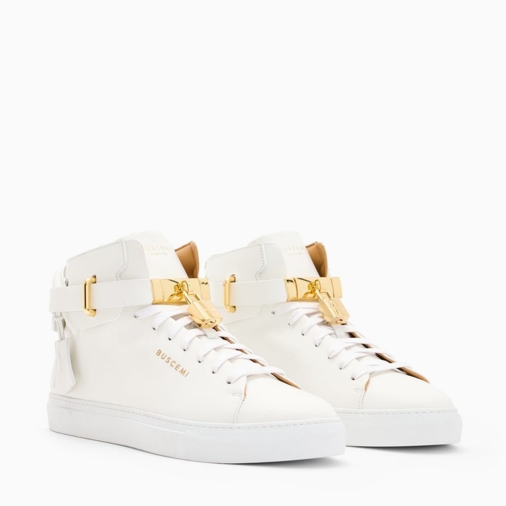 Buscemi 100MM Alta White Leather 24KT Gold Hardware Hi Top Sneakers Size IT 41
